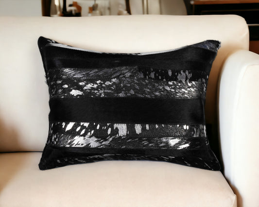 12" X 20" Black and Silver Cowhide Throw Pillow