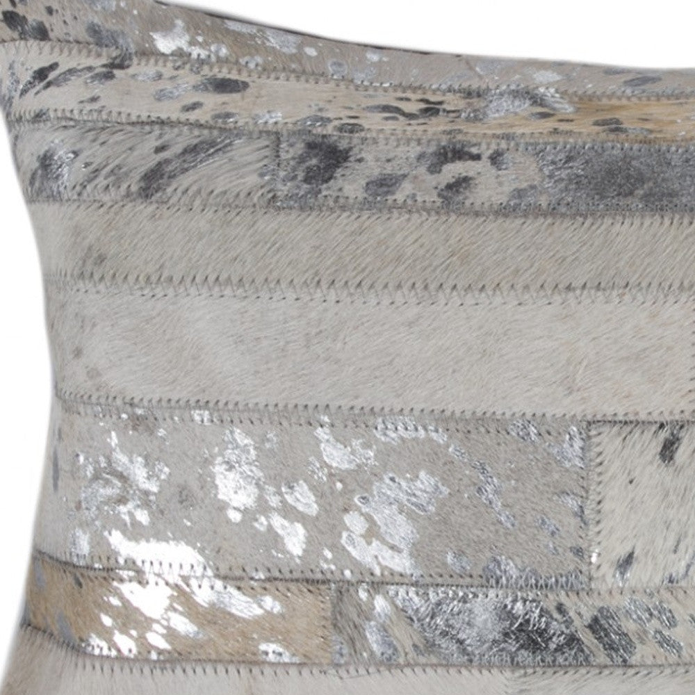 12" X 20" Gray and Silver Striped Cowhide Lumbar Throw Pillow