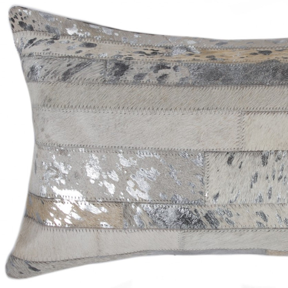 12" X 20" Gray and Silver Striped Cowhide Lumbar Throw Pillow