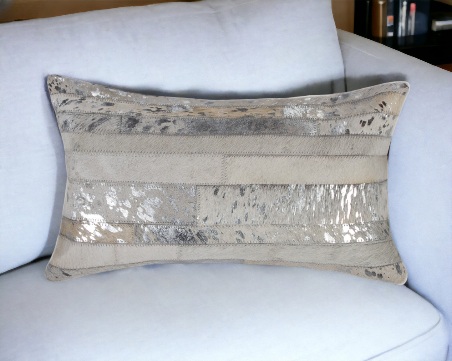 12" X 20" Gray and Silver Striped Cowhide Lumbar Throw Pillow