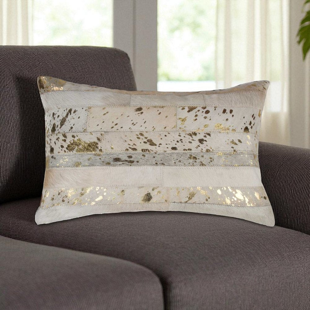 12" X 20" Gray and Silver Striped Cowhide Lumbar Throw Pillow