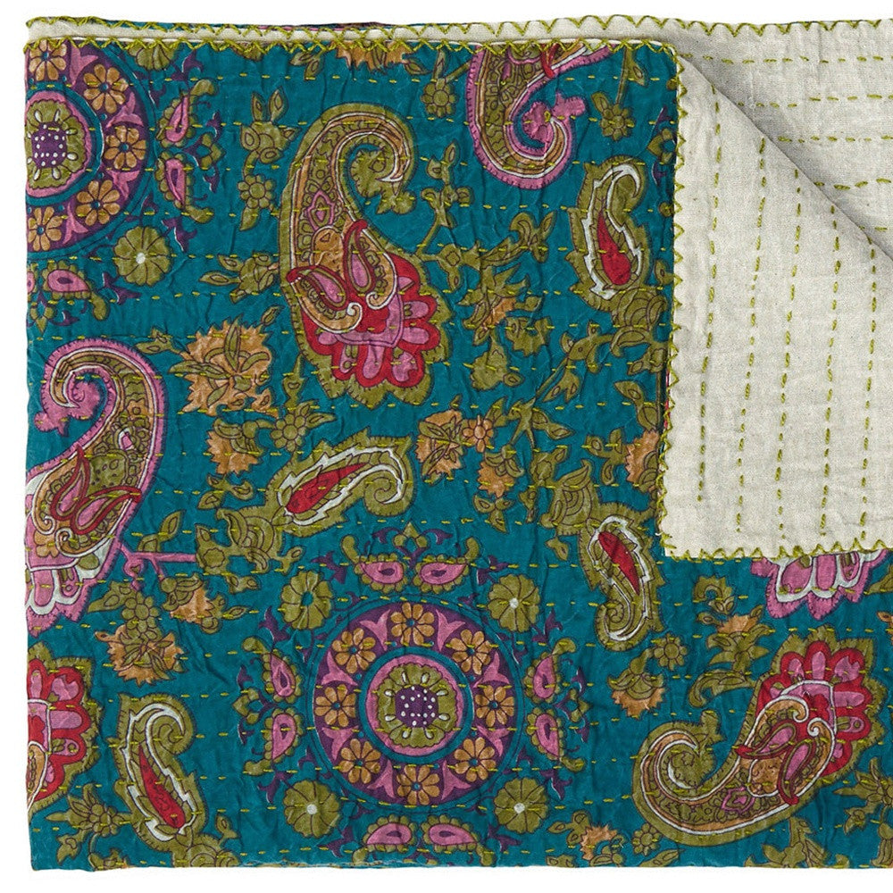 50" X 70" Green and Pink Kantha Cotton Paisley Throw Blanket with Embroidery