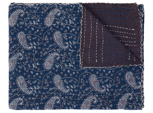 50" X 70" Blue and Gray Kantha Cotton Paisley Throw Blanket with Embroidery