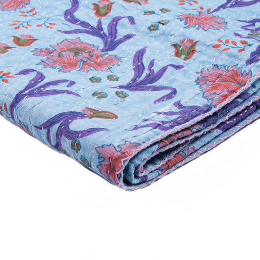 50" X 70" Blue and Purple Kantha Cotton Floral Throw Blanket with Embroidery