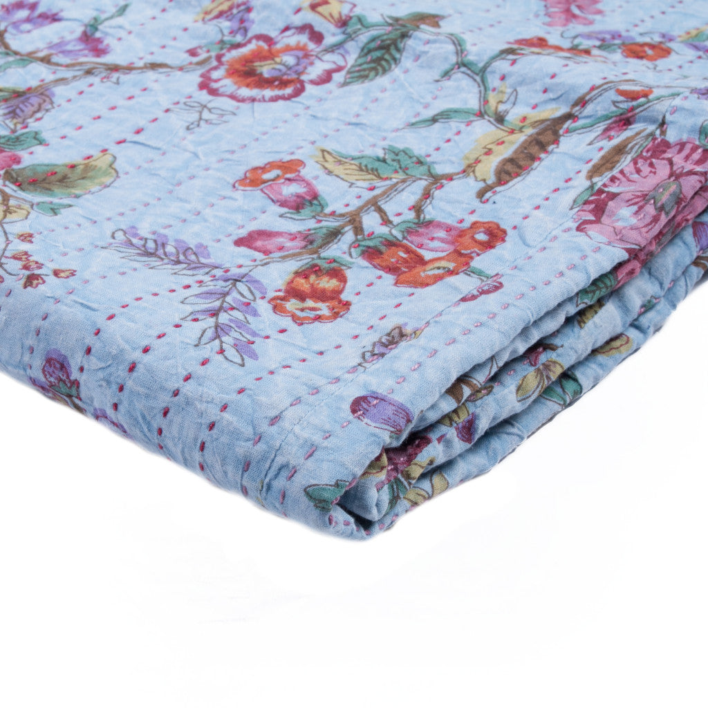 50" X 70" Blue and Red Kantha Cotton Floral Throw Blanket with Embroidery