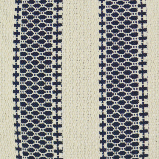 Striped woven fabric with navy lattice panels and a central cream stripe; geometric, textured textile for upholstery.