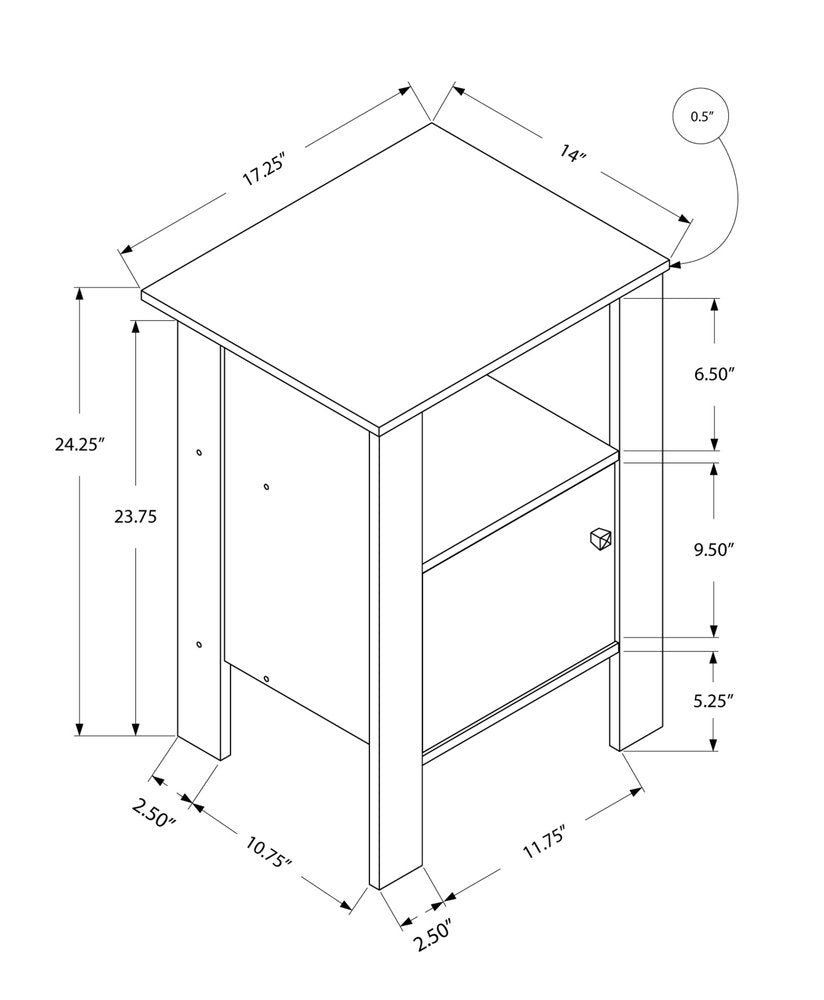 Isometric white wood end table with square top and lower shelf, raised legs.