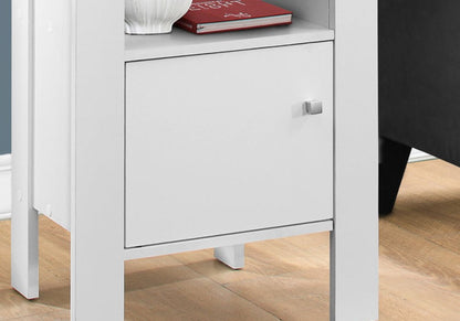 White painted wooden end table with a shelf; modern style, top shows a red book and a white vase.
