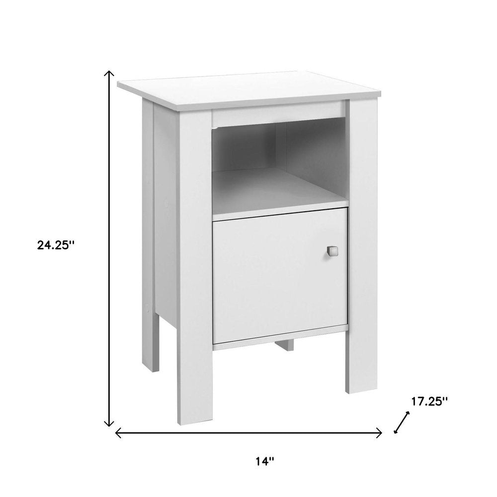White Wood end table with open shelf, modern farmhouse style; compact bedside/sofa table.