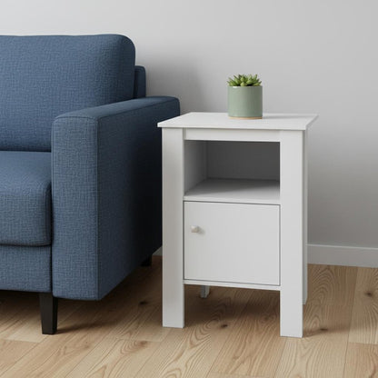 White wooden end table with an open shelf beside a blue upholstered sofa; succulent in a pot on top.