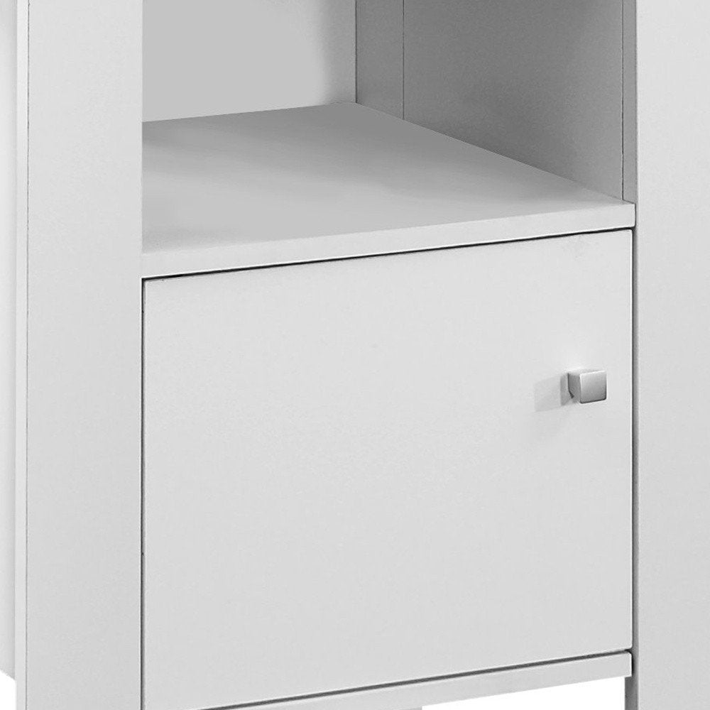 White wood end table with open upper shelf and a single-door cabinet with a square knob.