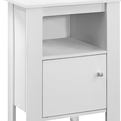 White wood end table with a shelf and square knob