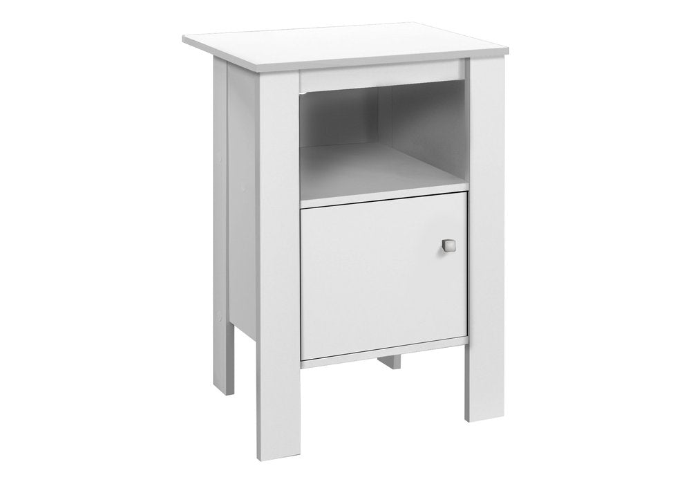 White wooden end table with an open upper shelf.