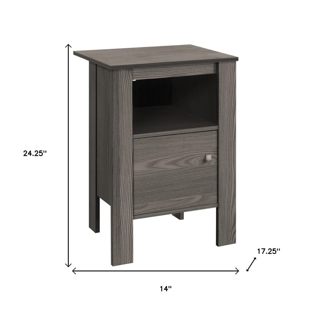 Gray wood end table with open shelf, straight legs, 14"W x 17.25"D x 24.25"H.