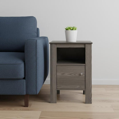 Gray wood end table with shelf beside a blue upholstered sofa; small white pot with succulent on top.