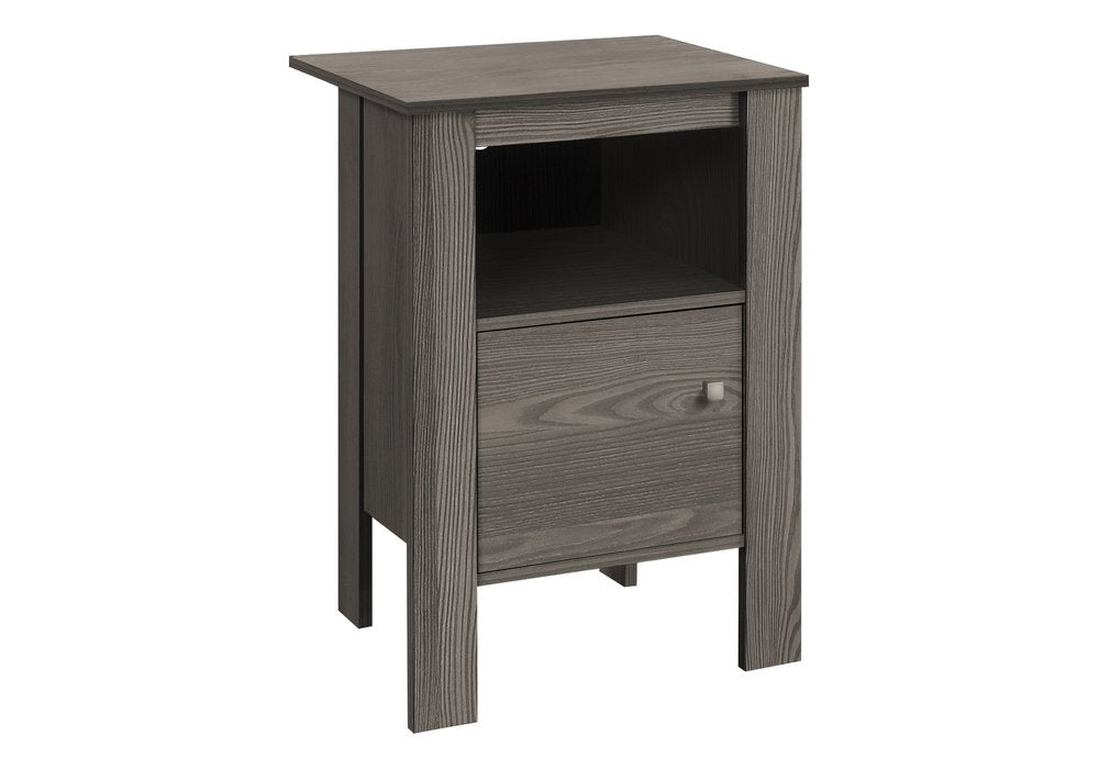 Gray wood grain end table with open shelf and rectangular legs.