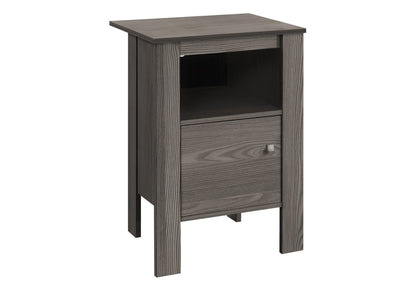 Gray wood grain end table with open shelf and rectangular legs.