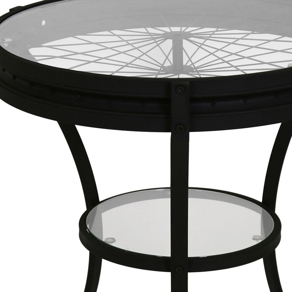 24" Black And Clear Glass And Metal Round End Table With Shelf