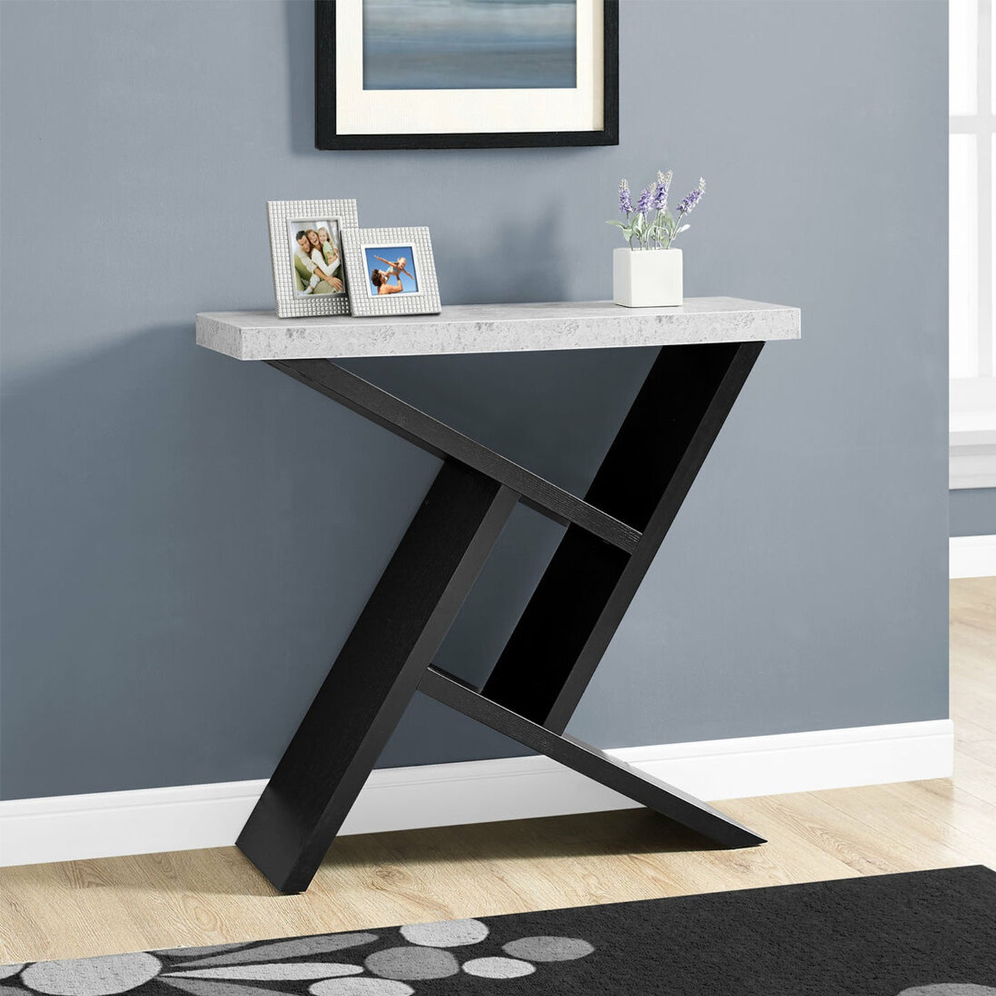 36" Gray and Black Abstract Console Table With Shelves