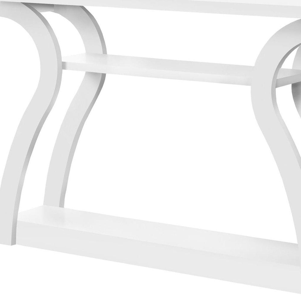 White modern console table with curved arched legs and two-tier shelves.