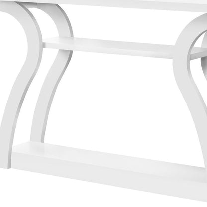 White modern console table with curved arched legs and two-tier shelves.