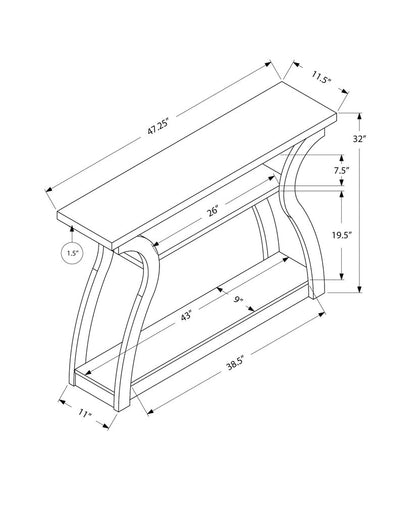 Light wood-toned curved-leg console table with two-tier shelves and long rectangular top.