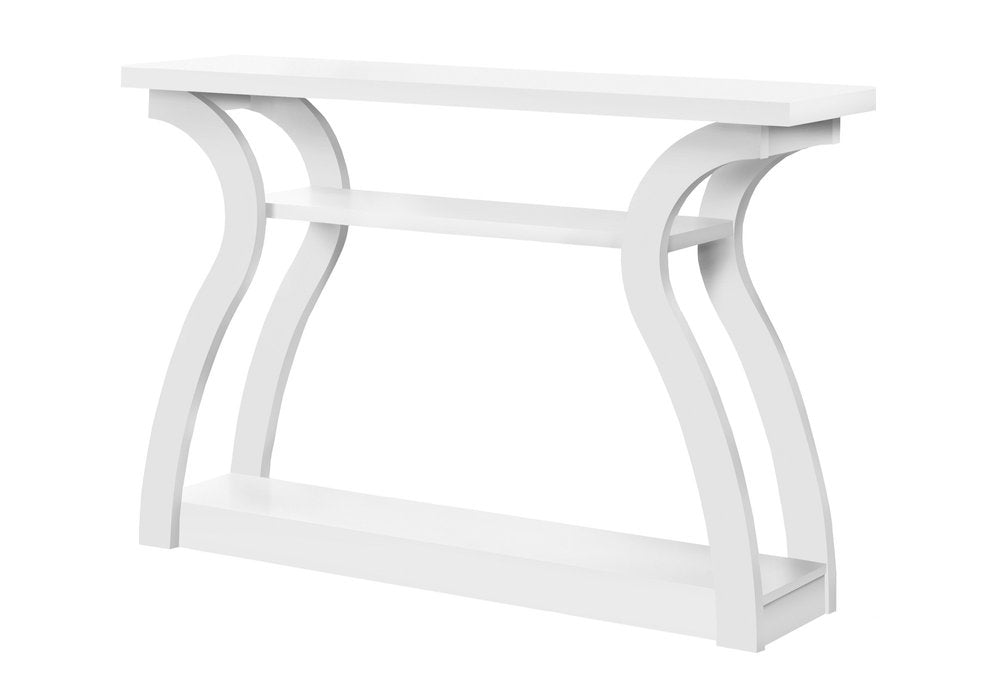 White painted wood console table with curved arch legs, a top surface and two lower shelves.