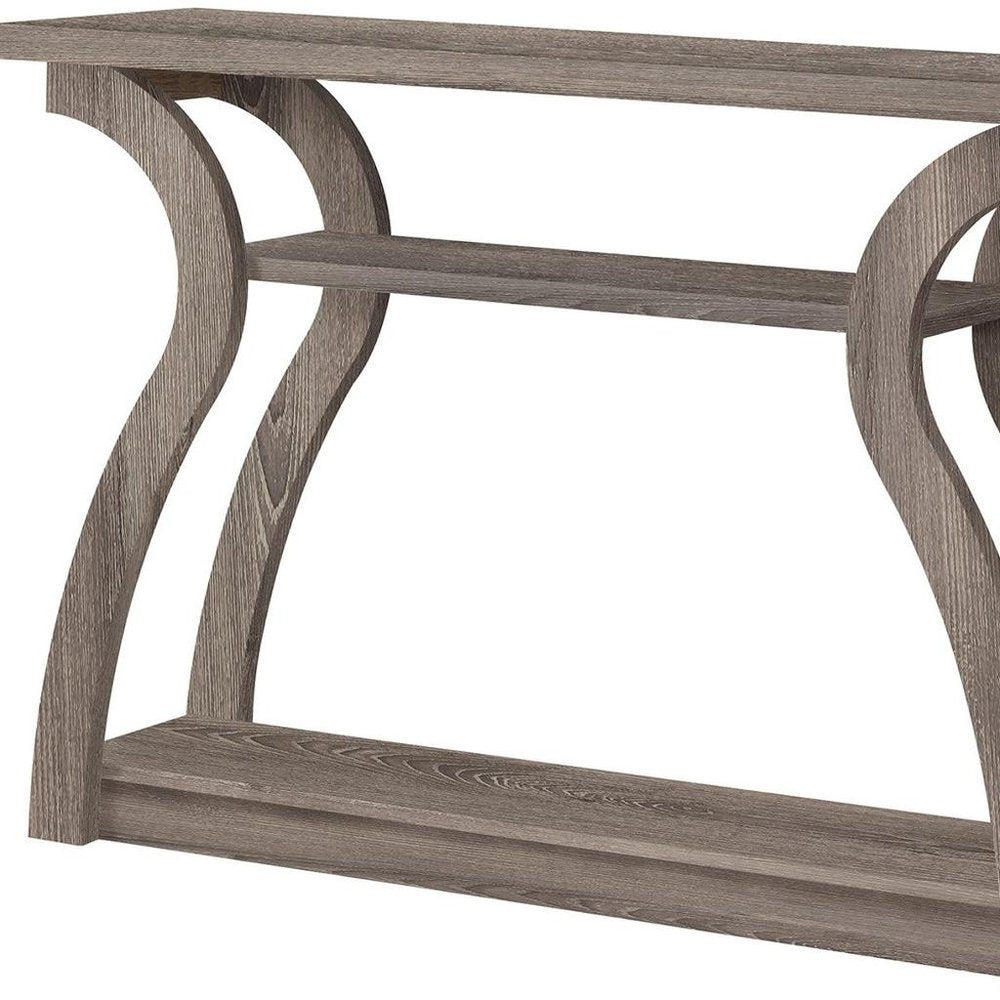 Taupe floor shelf console table with storage; curved arch legs and a lower shelf.