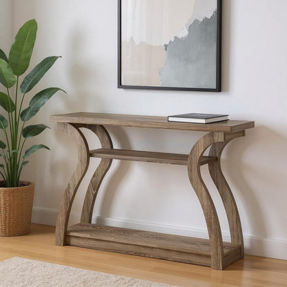 Taupe floor shelf console table with storage and a lower shelf.