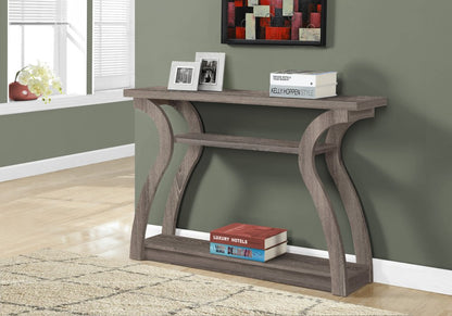 Taupe 47-inch floor shelf console table with storage, featuring curved arch supports and two shelves.