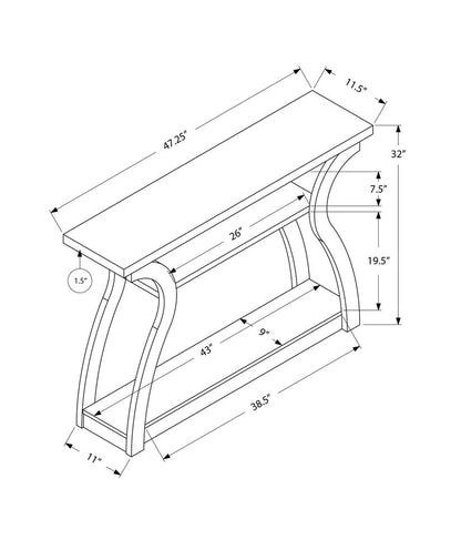 Line drawing of a rectangular console table with curved cabriole legs and a two-tier shelf.