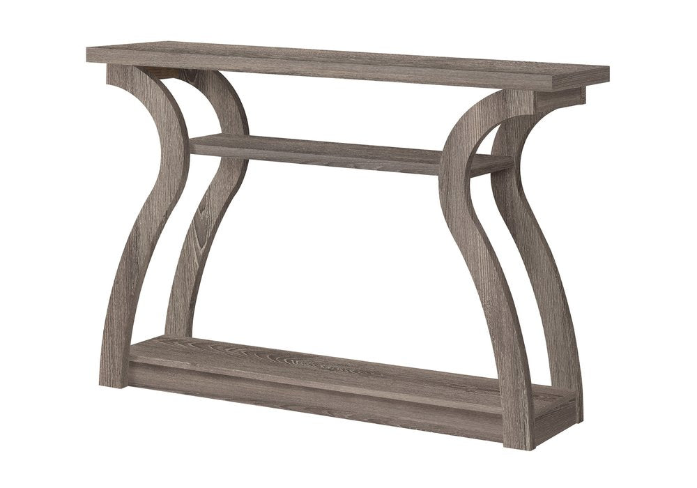 Rustic gray wood console table with curved arched legs, top surface, middle brace & bottom shelf.