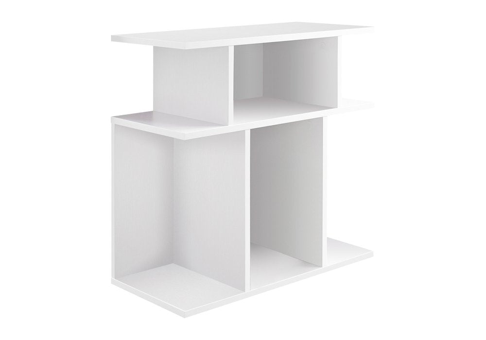 24" white wood end table with six open shelves.