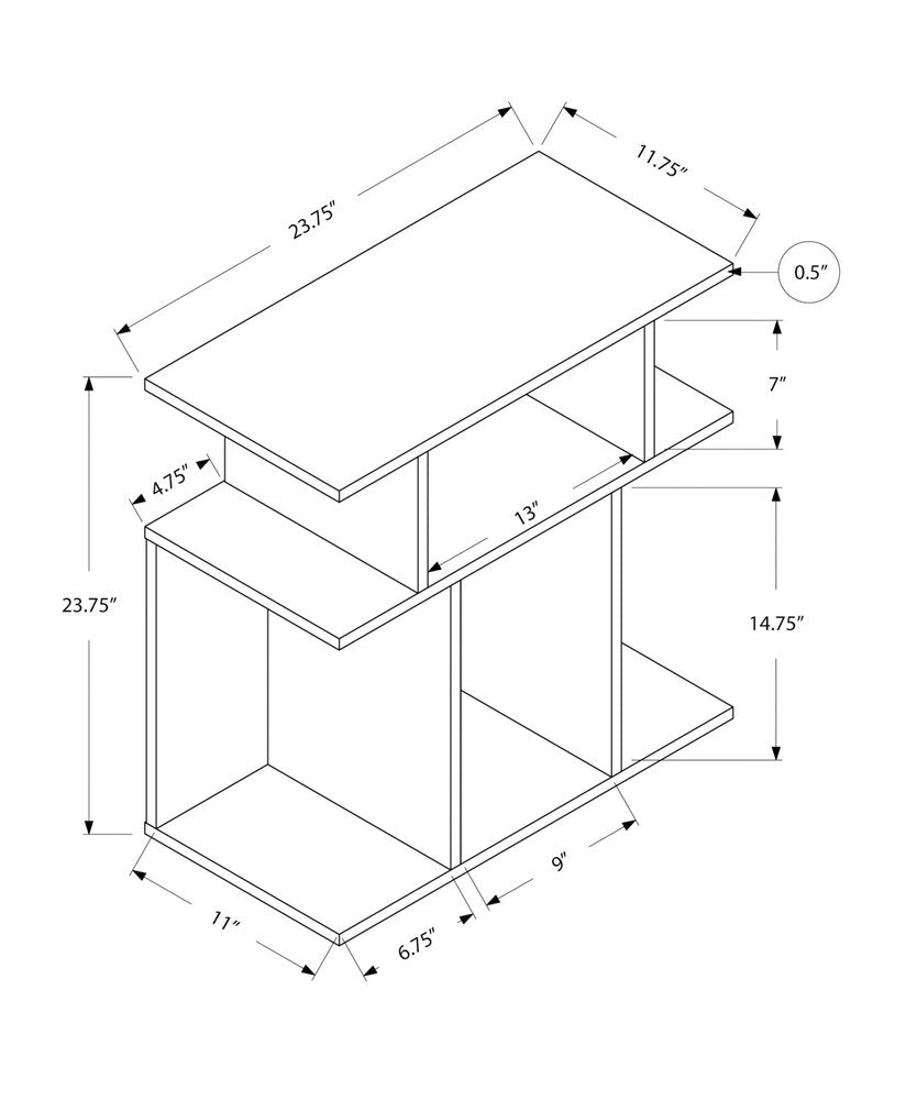 Rectangular white wood end table with six open shelves.