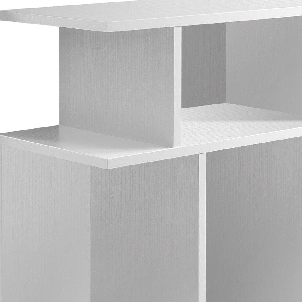 White wood end table with six open shelves.