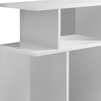 White wood end table with six open shelves.