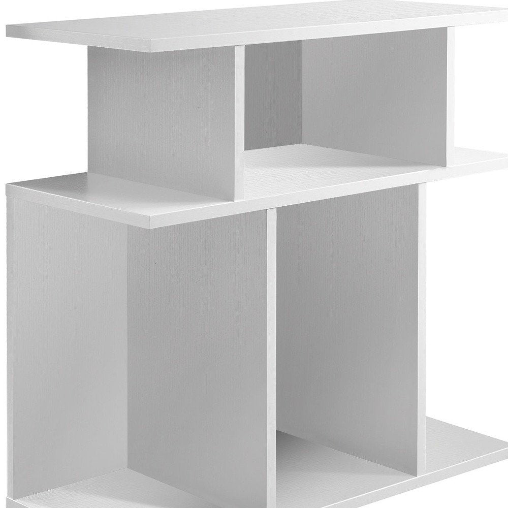 24" wide white wood end table with six open shelves.