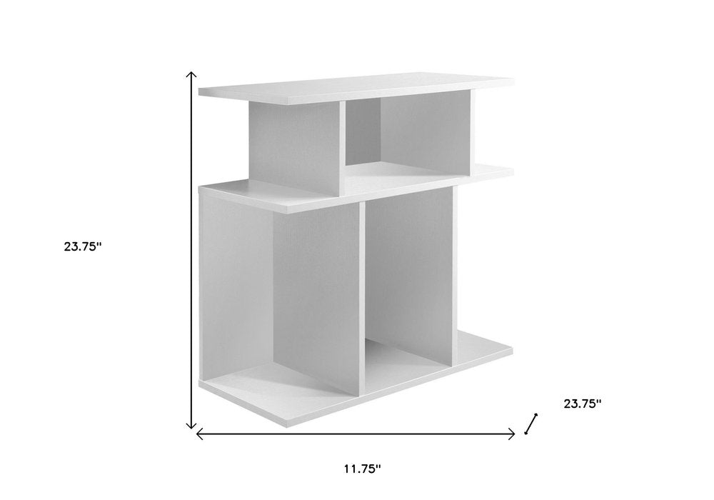 White wood end table with six open shelves; compact, modern design, ideal for entryway or living room.
