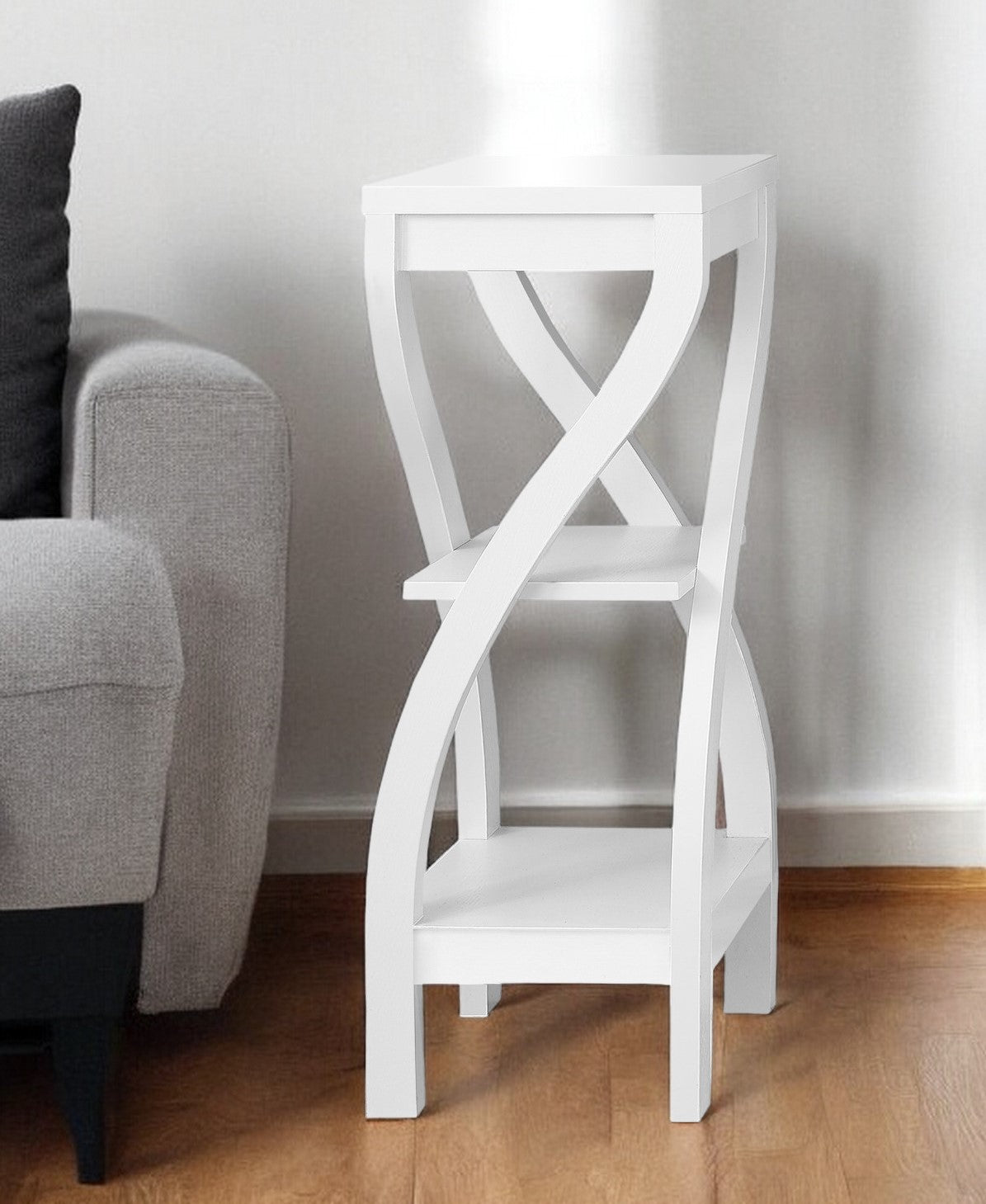 32" White Wood Square End Table With Two Shelves