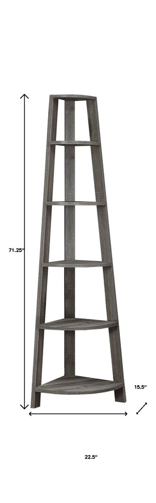 71" Gray Wood Five Tier Corner Bookcase