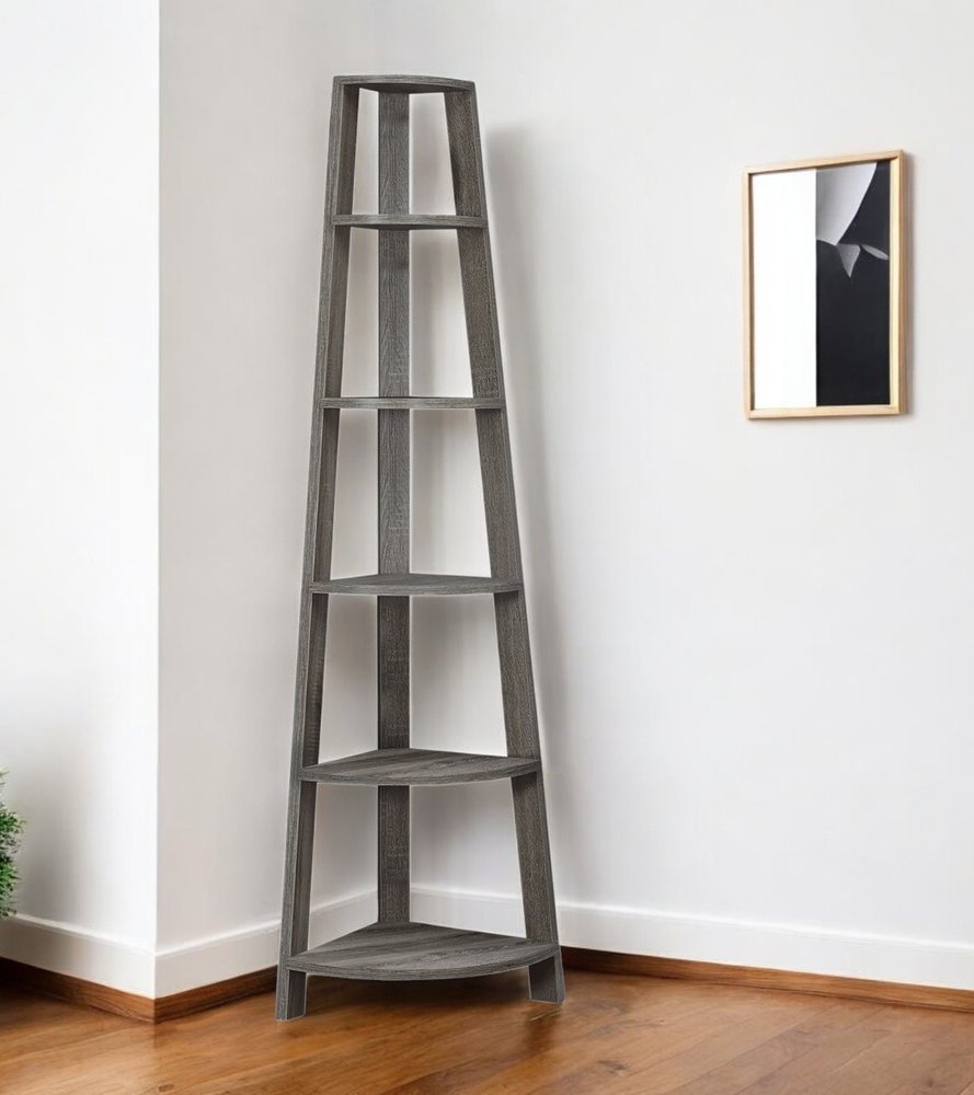 71" Gray Wood Five Tier Corner Bookcase