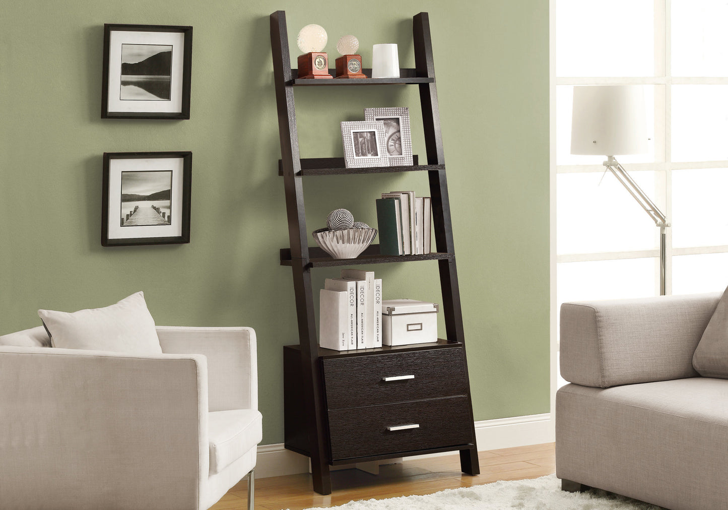 69" Gray and Black Wood Ladder Bookcase With Two drawers