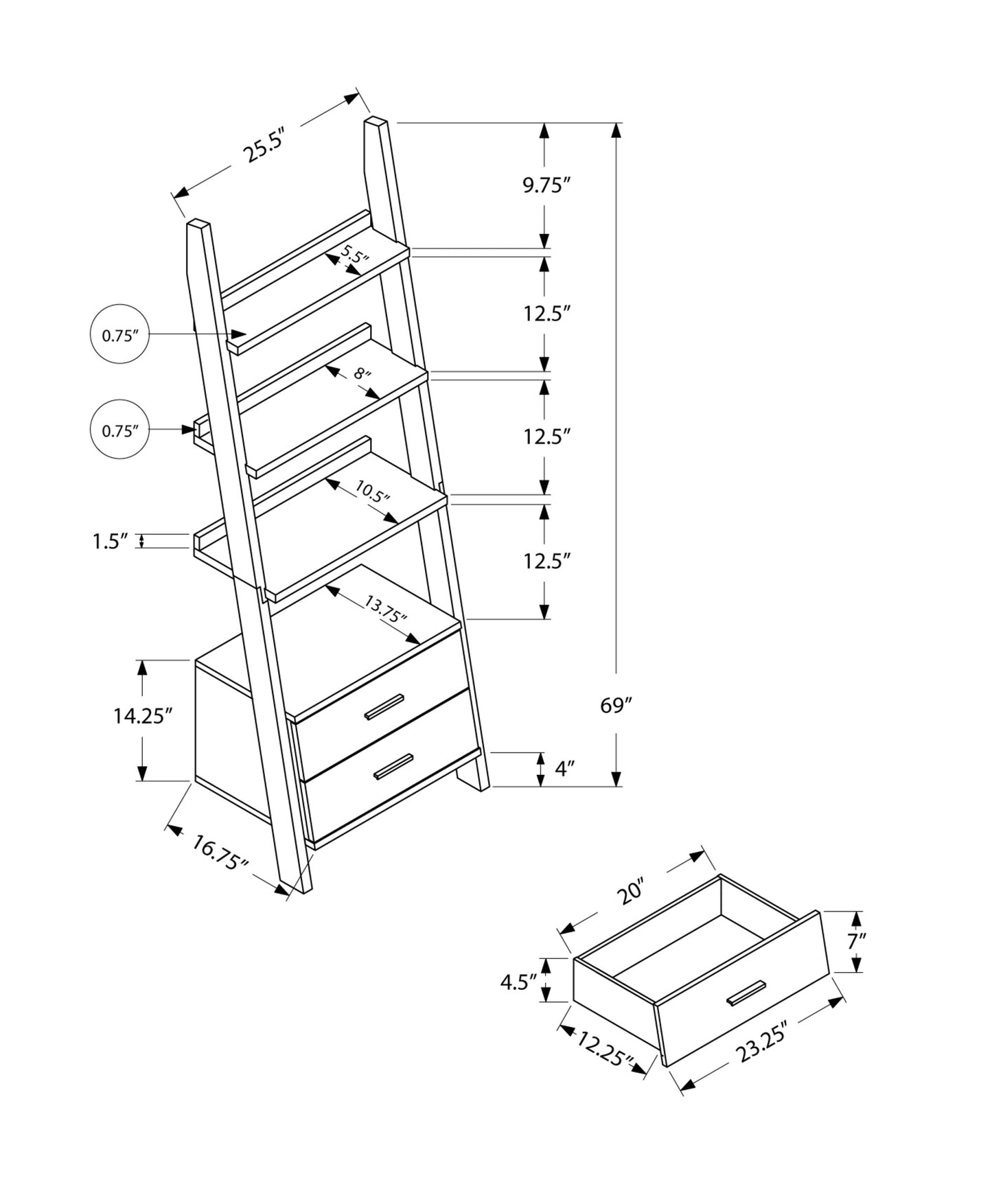 69" Gray and Black Wood Ladder Bookcase With Two drawers