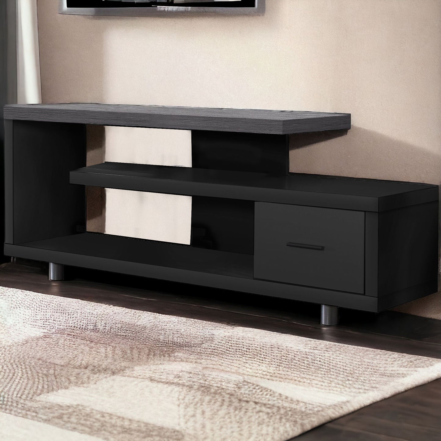 15.75" X 60" X 24" Dark Taupe Silver Particle Board Hollow Core Metal TV Stand With A Drawer