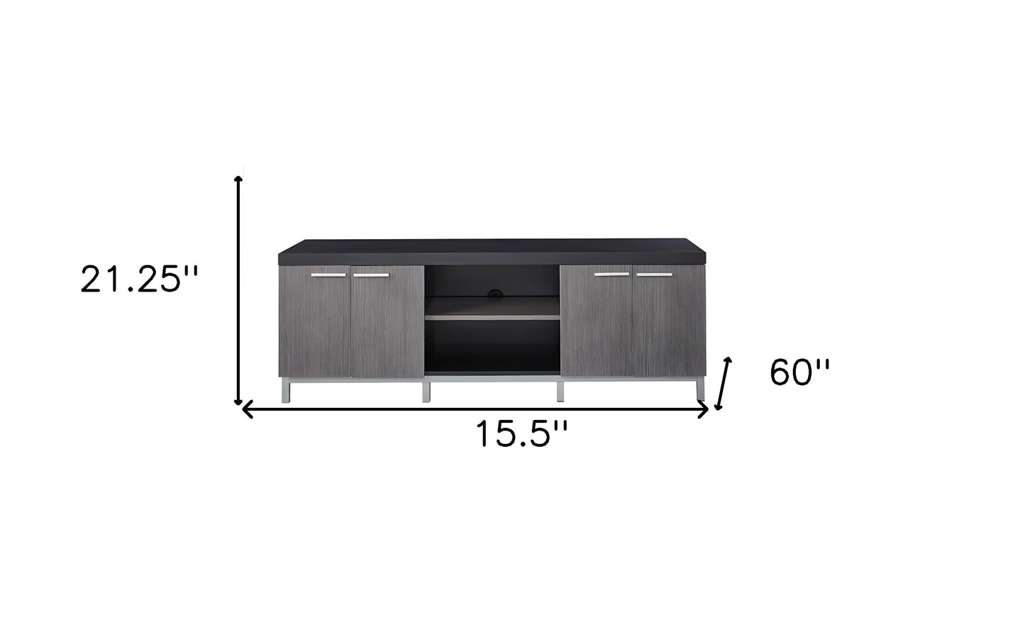 15.5" X 60" X 21.25" Black Grey Silver Particle Board Hollow Core Metal TV Stand