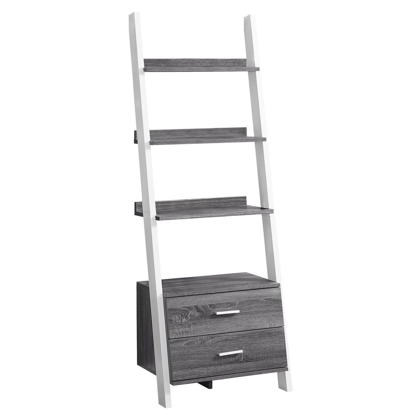 69" Gray and Black Wood Ladder Bookcase With Two drawers