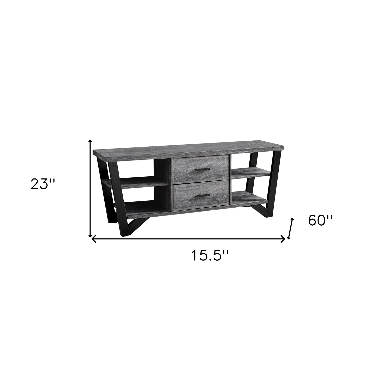 15.5" X 60" X 23" Grey Black Particle Board Hollow Core Metal TV Stand With 2 Drawers