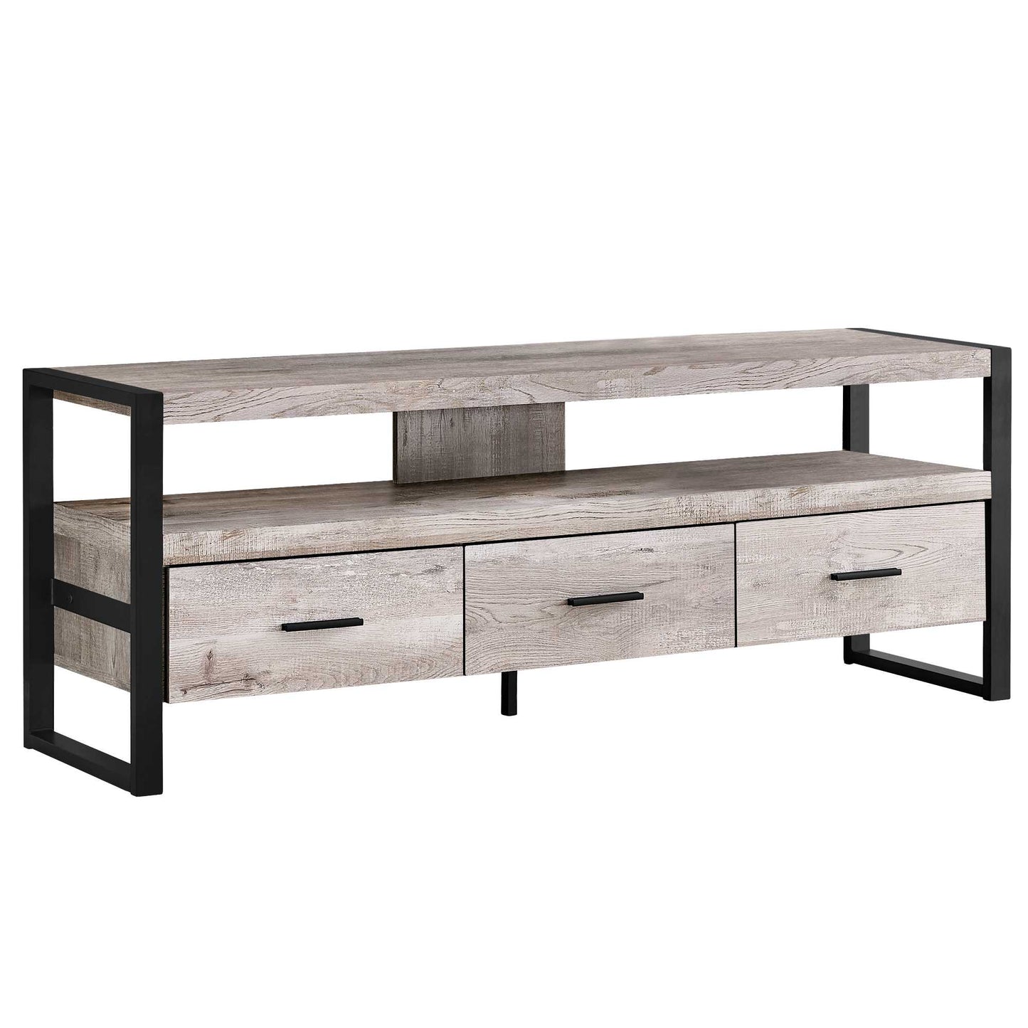 21.75" Grey Particle Board Hollow Core & Black Metal TV Stand With 3 Drawers