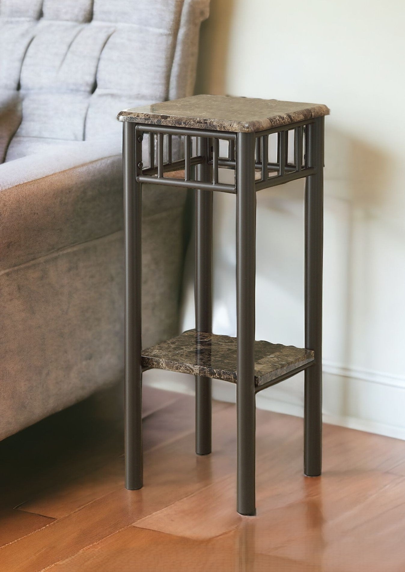 28" Black And Brown Wood And Metal Square End Table With Shelf