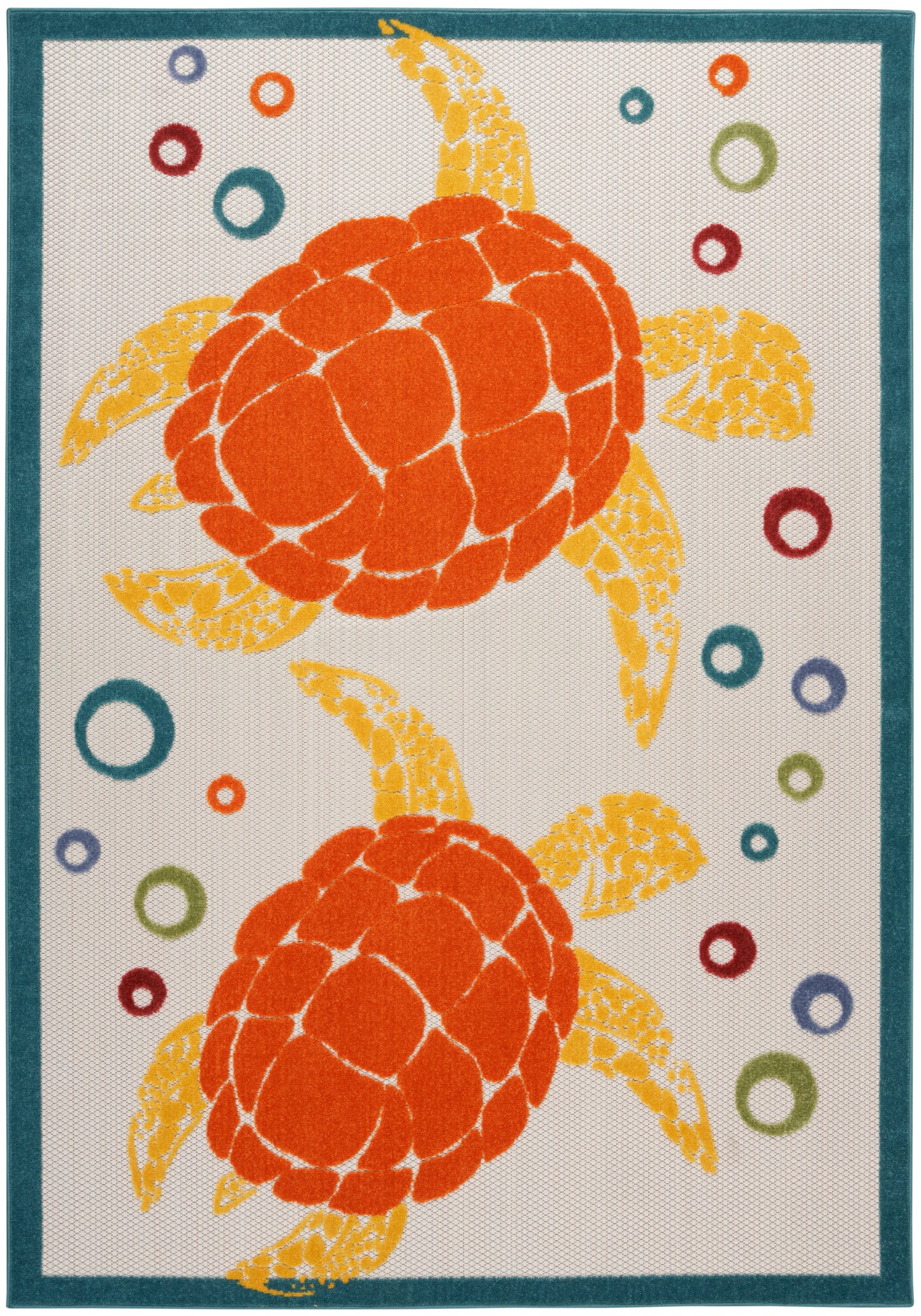 Teal-bordered decorative rug with two orange sea turtles and colorful circular rings on beige background